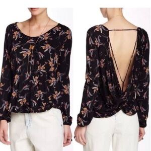 Free People Fanta Black Floral Print Open Back Long Sleeve Small